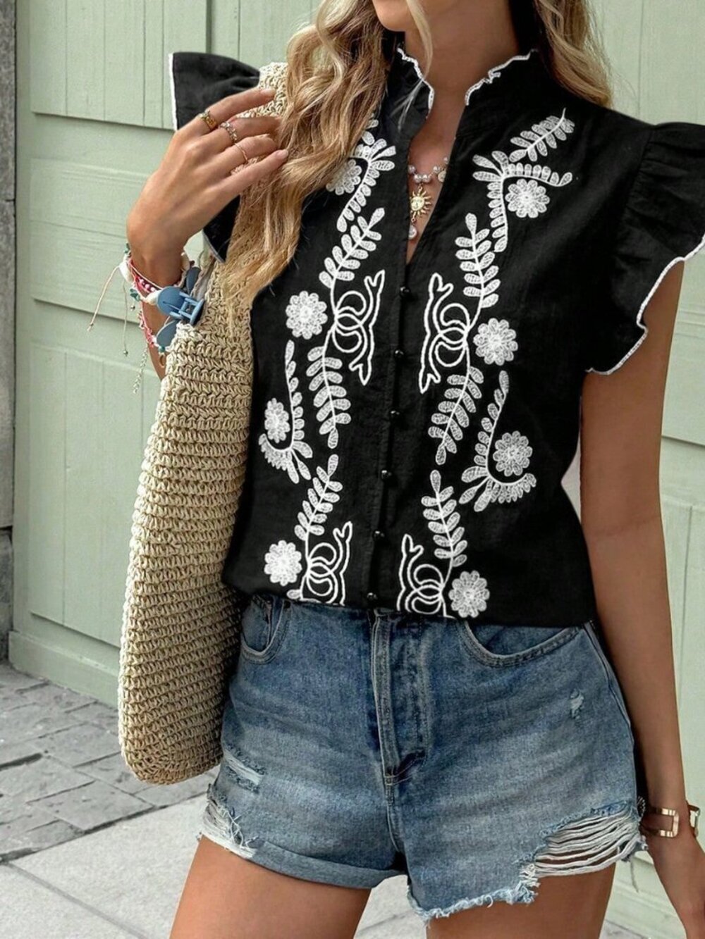 Black Boho Women's Plant Embroidery Single-Breasted Shirt with Flutter Sleeves